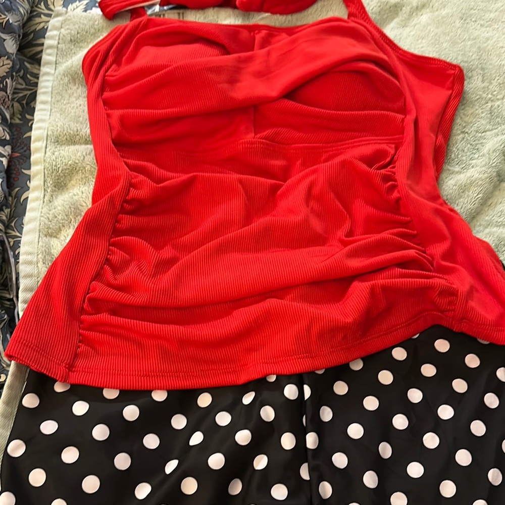 Red Ruched Tank Top with Polka Dot Skirt